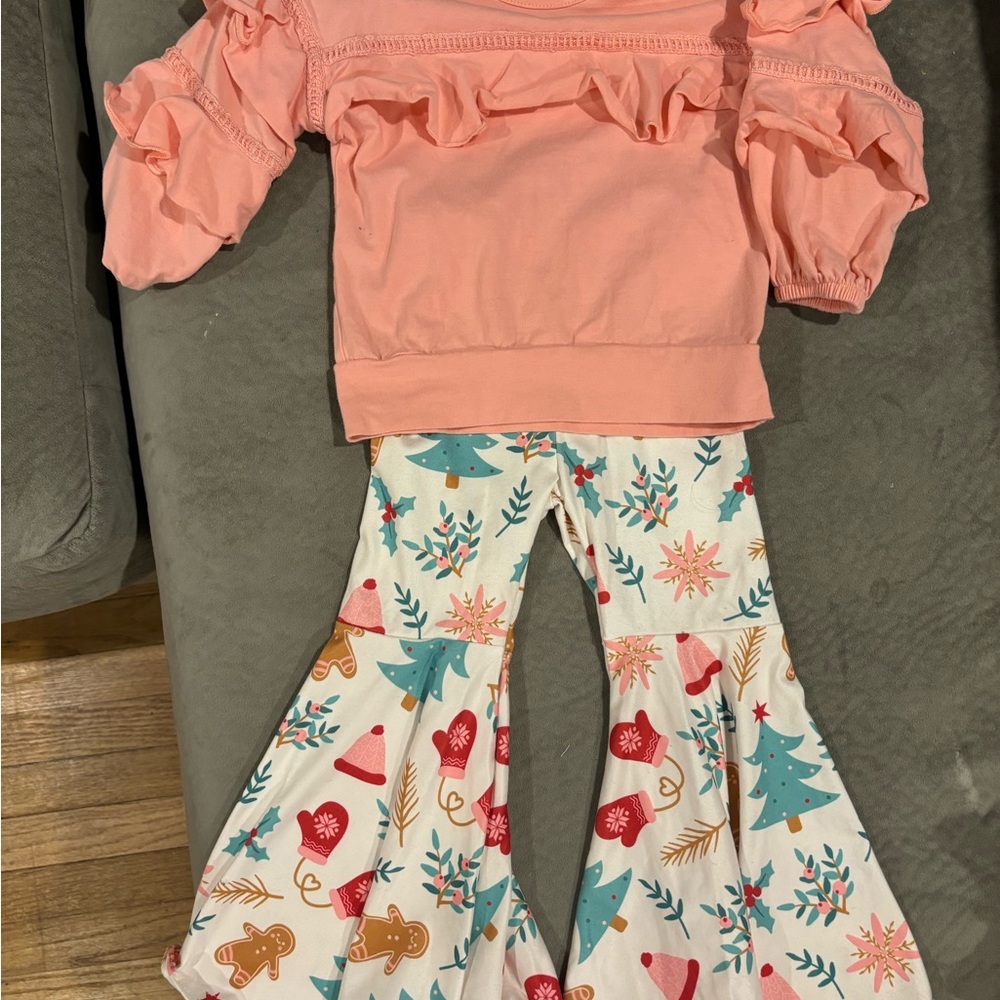 Pink Ruffle Top and Festive Bell Bottom Pants Set